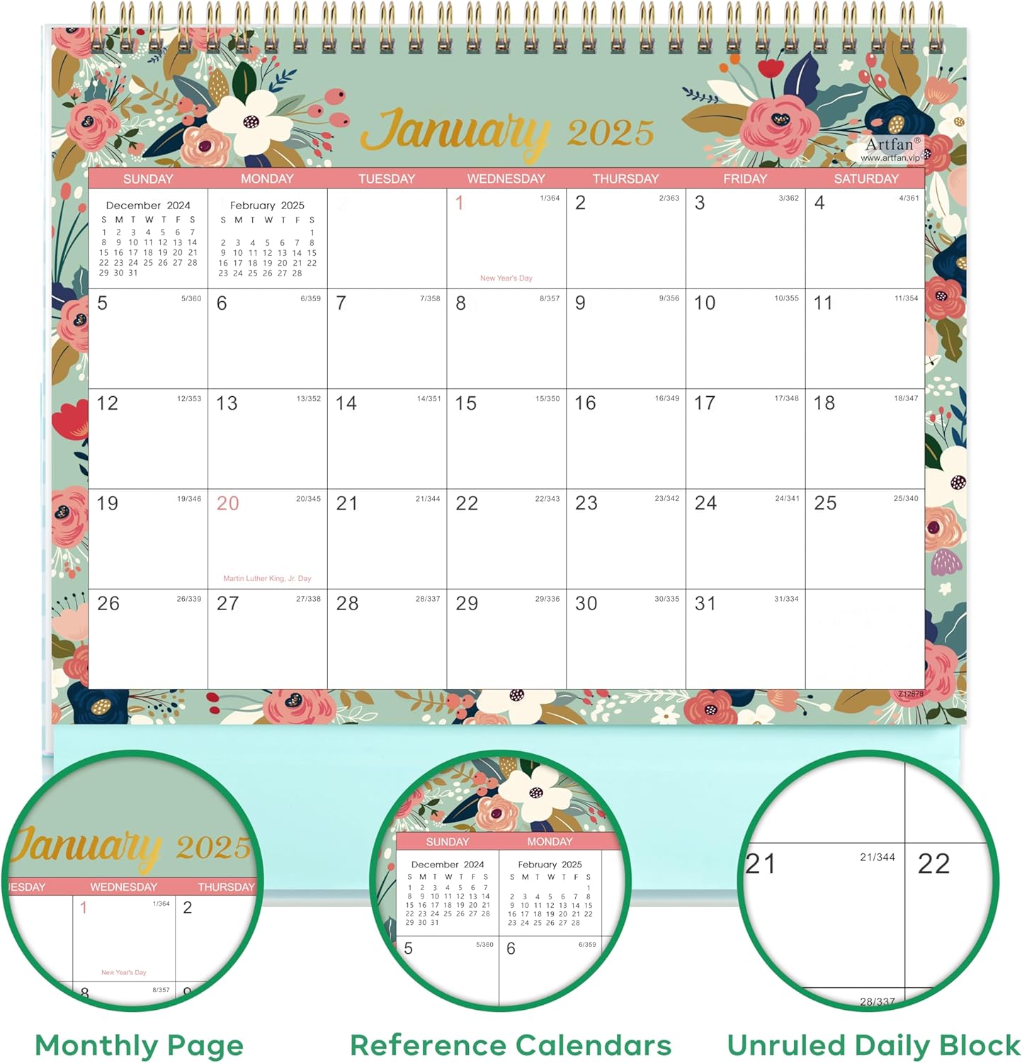 2025 Desk Calendar - Standing Flip 2025 Desktop Calendar with Thick Paper, 9.8" x 8.3", Jan. 2025 - Dec. 2025, Memo Pages + Twin-Wire Binding + Unruled Blocks - Green and Pink - Image 3