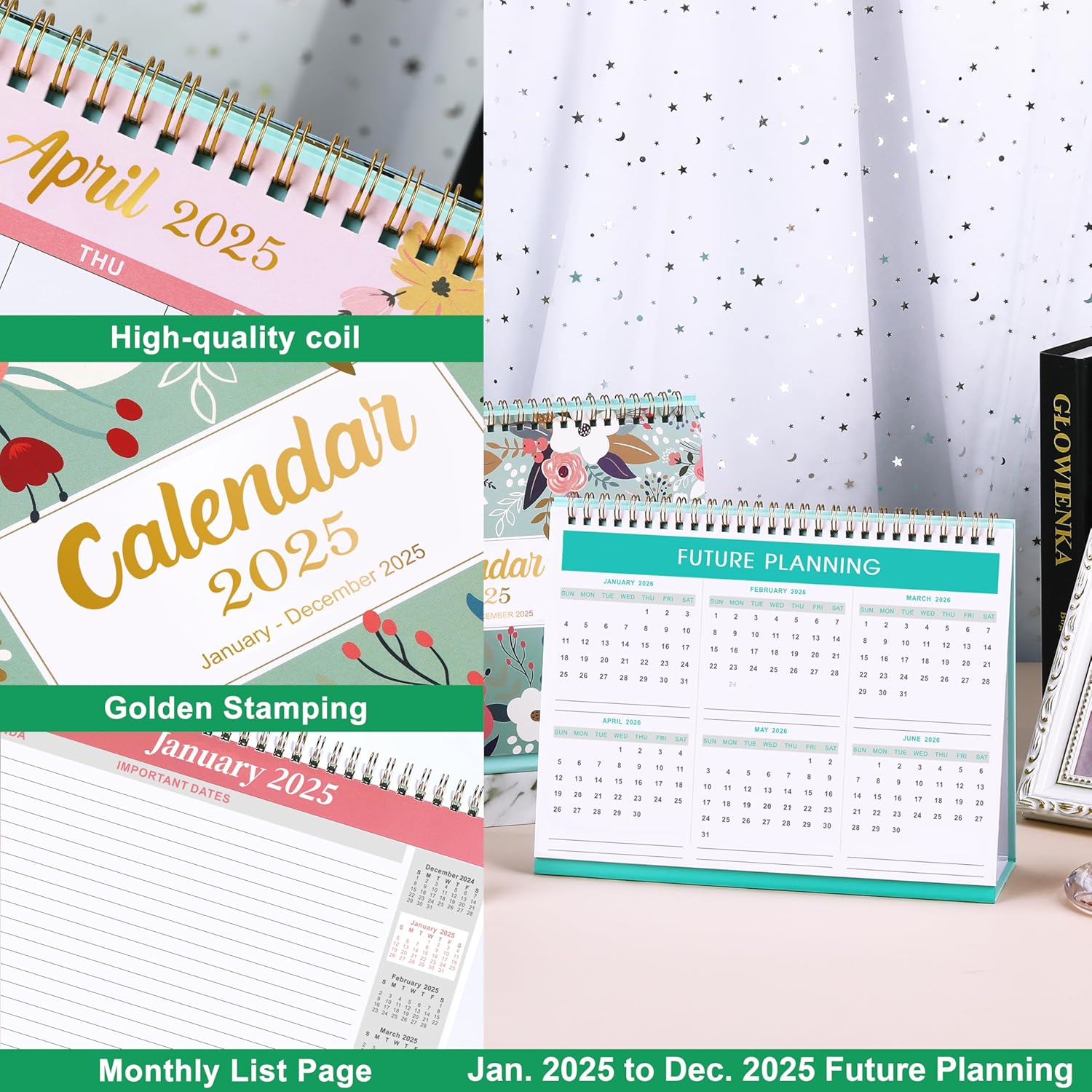 2025 Desk Calendar - Standing Flip 2025 Desktop Calendar with Thick Paper, 9.8" x 8.3", Jan. 2025 - Dec. 2025, Memo Pages + Twin-Wire Binding + Unruled Blocks - Green and Pink - Image 5