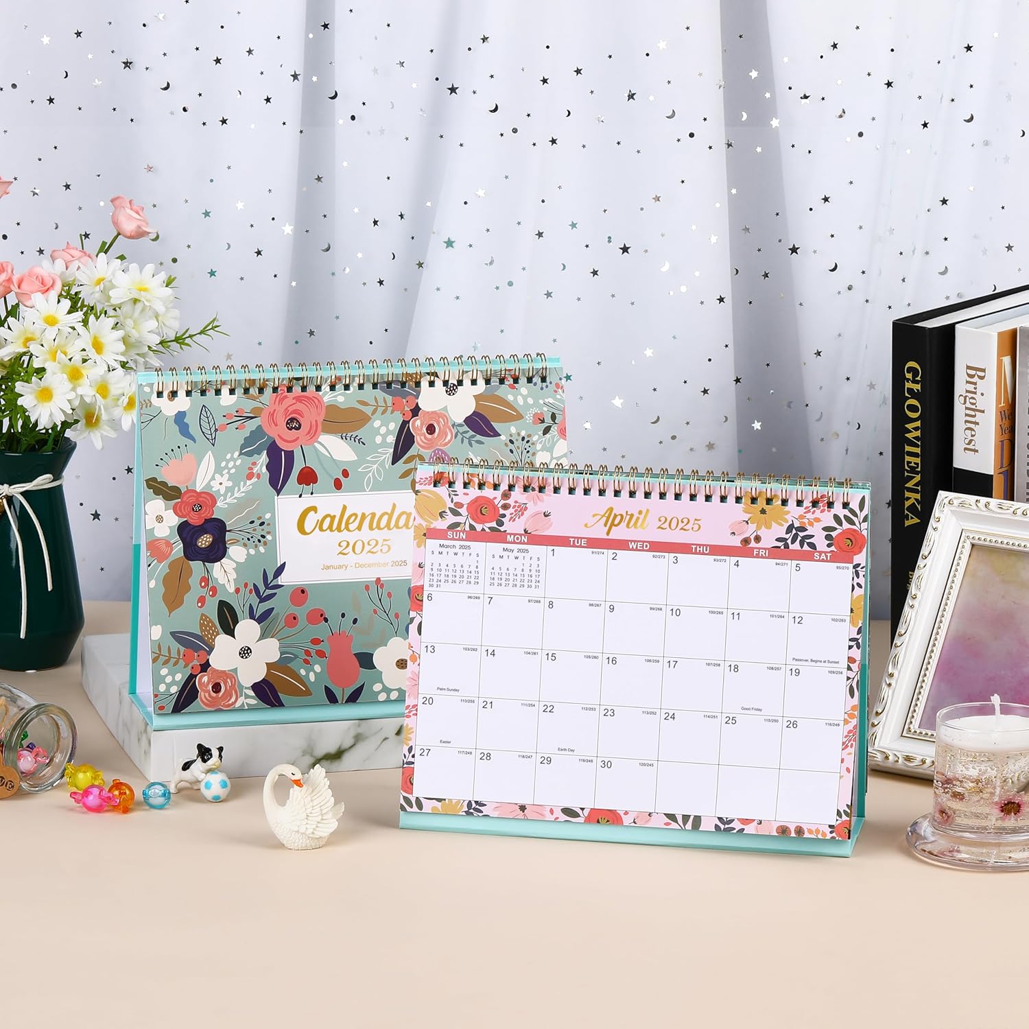 2025 Desk Calendar - Standing Flip 2025 Desktop Calendar with Thick Paper, 9.8" x 8.3", Jan. 2025 - Dec. 2025, Memo Pages + Twin-Wire Binding + Unruled Blocks - Green and Pink - Image 7