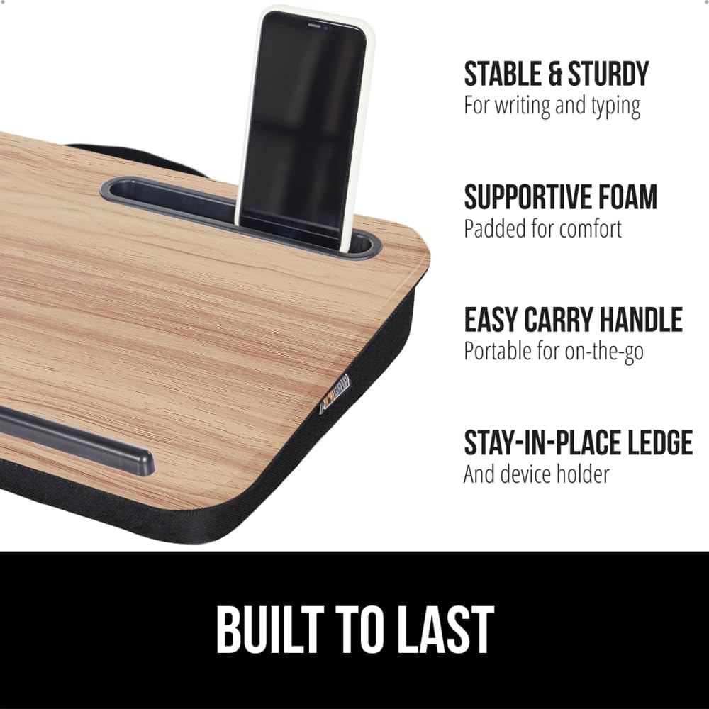 Gorilla Grip Laptop Lap Desk with Phone Holder, Pillow Cushion Desks Fit Laptops up to 15.6", Tray Ledge Keep Computers in Place, Portable Travel Workstation Essentials for Home, Light Wood Color - Image 2