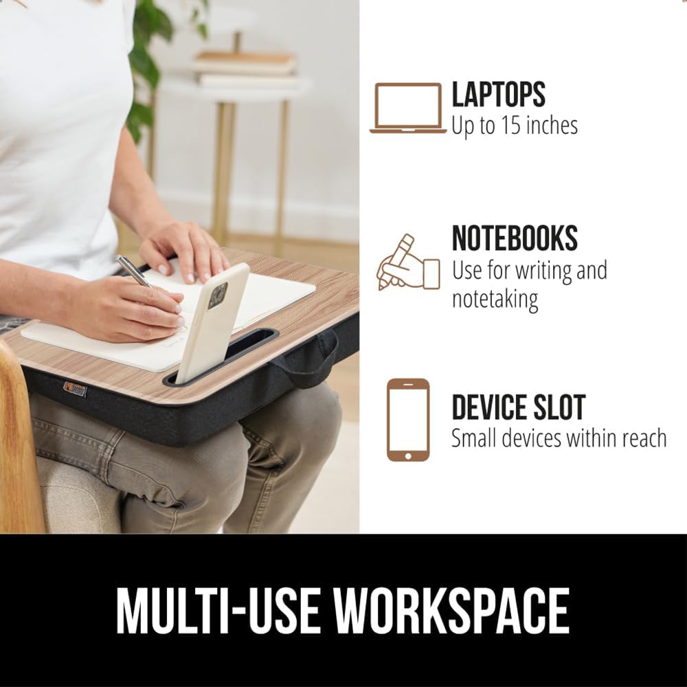 Gorilla Grip Laptop Lap Desk with Phone Holder, Pillow Cushion Desks Fit Laptops up to 15.6", Tray Ledge Keep Computers in Place, Portable Travel Workstation Essentials for Home, Light Wood Color - Image 6