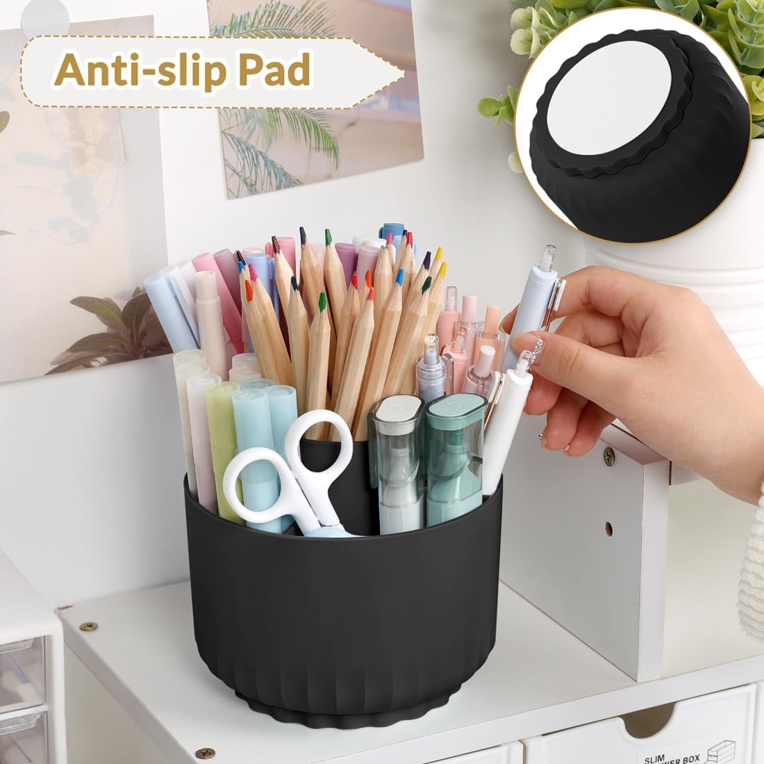 SKYDUE 360 Degree Rotating Pencil Pen Holder for Desk, Dual-Purpose Desk Organizer, Rotating Pencil Cup with 5 Slots, Office Supplies, Desk Decor for Office, School, Home - Image 3